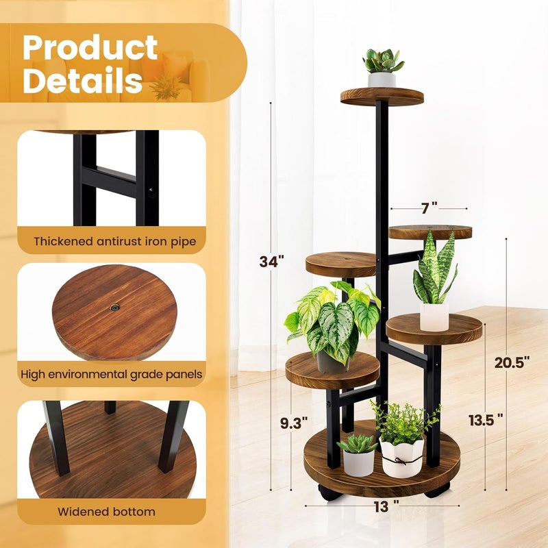 GEEBOBO 5 Tier Plant Stand With 4 Wheels, Metal Wood Tall Plant Stands For Indoor Plants Multiple, Corner Tiered Flower Plants Shelf Stand for Living Room Bedroom, Brown - Image 4